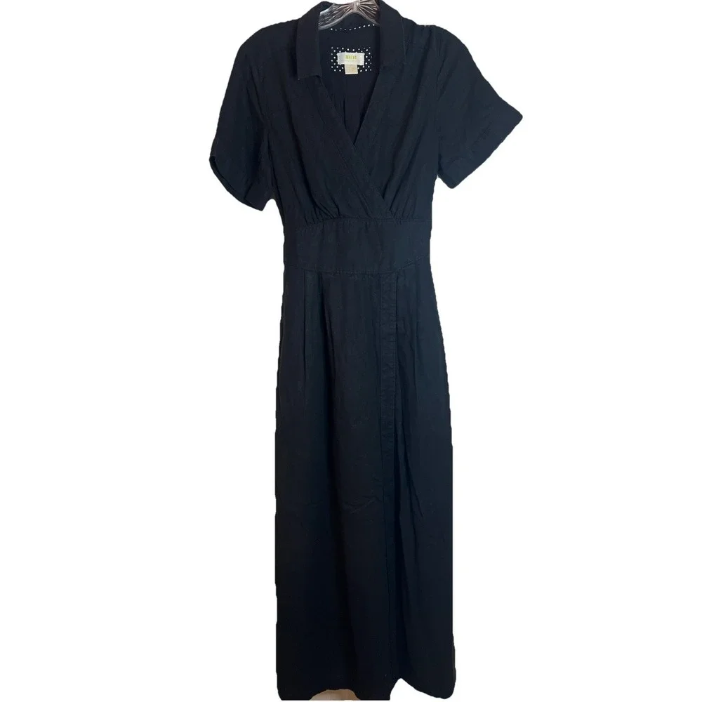 Anthropologie Maeve Short Sleeve Jumpsuit Sz 6 Black Split Flare Leg Viscose